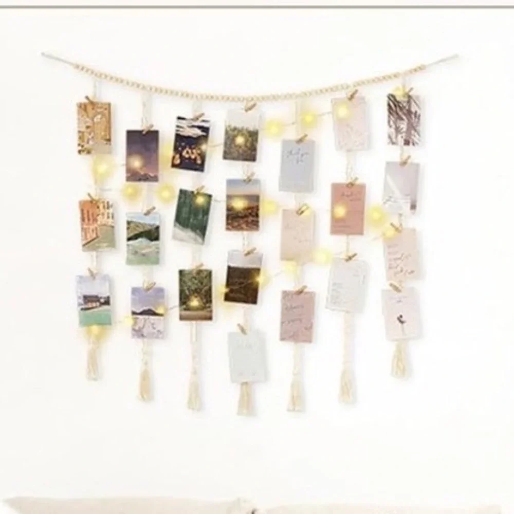 Boho Macrame Wall Hanging Photo Display with LED Fairy Lights and 45 Wood Clips